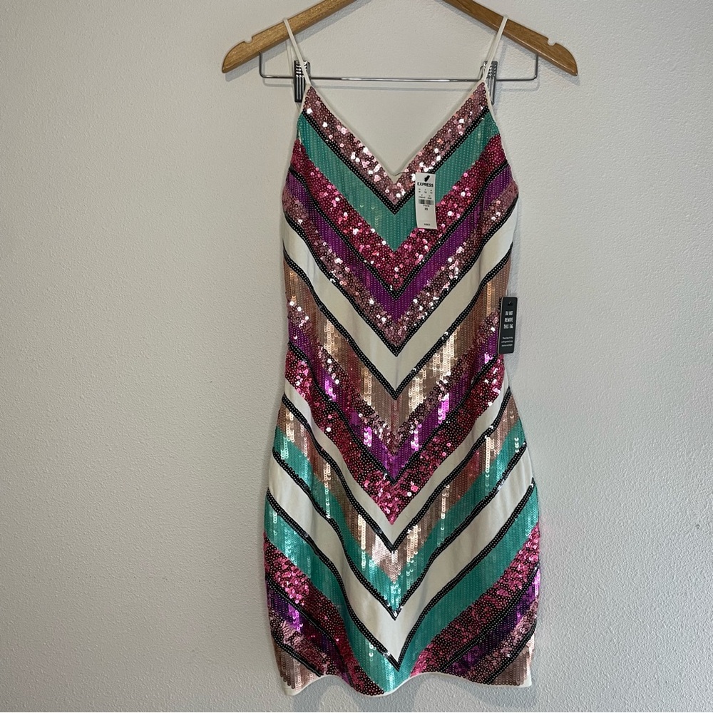 NEW EXPRESS Chevron Sequin Mini Dress Glam Baddie Cocktail Festival Size XS